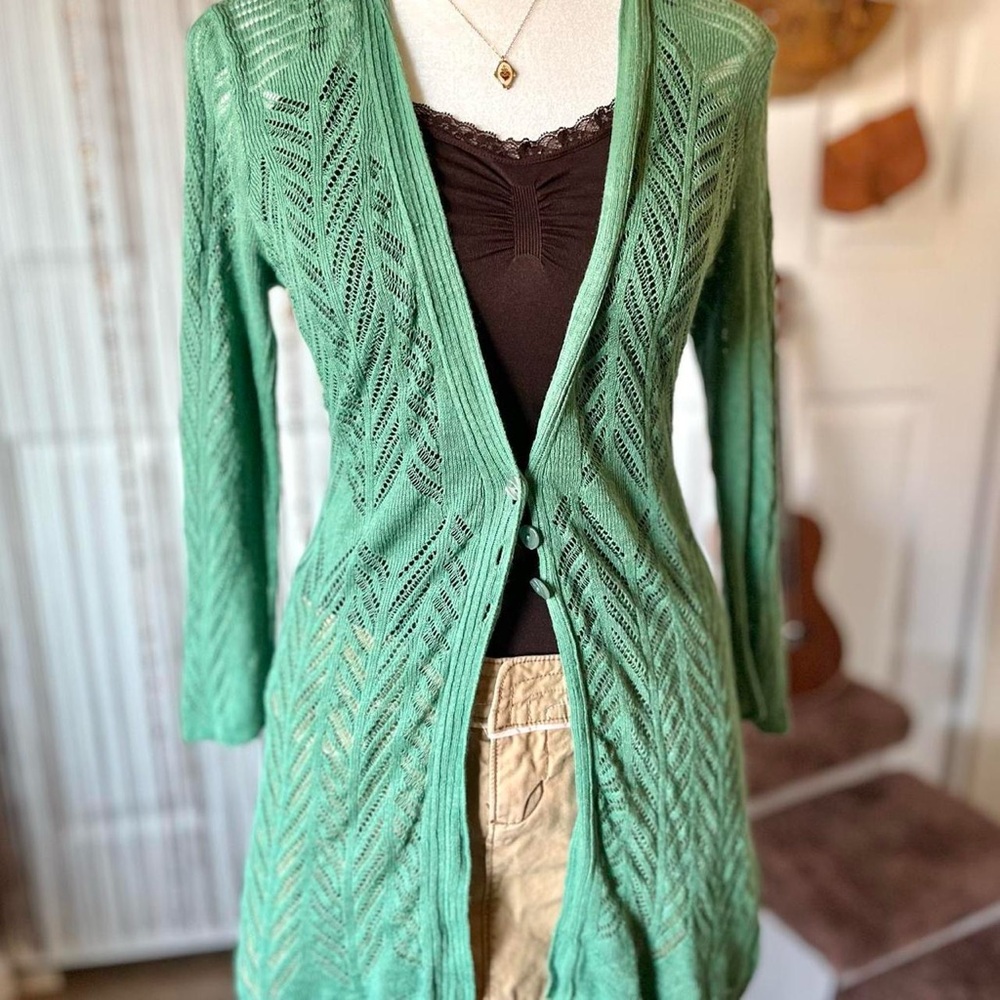 guinevere green open knit long cardigan - Picture 2 of 5